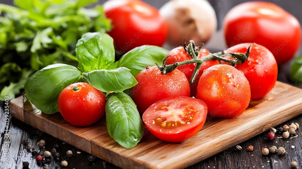 Fresh Organic Tomatoes and Basil on Cutting Board with Herbs and Vegetables : Generative AI Fresh Organic Tomatoes and Basil on Cutting Board with Herbs and Vegetables : Generative AI