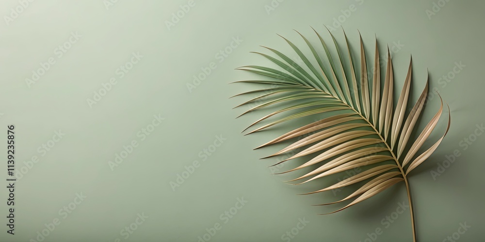 Fototapeta premium Serene Palm Frond on a Soft Green Background, Perfect for Minimalist Designs and Natural Textures
