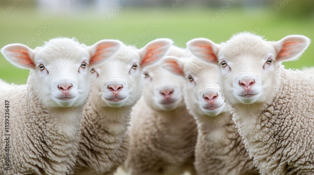 Group of Adorable Sheep Grazing in Lush Green Pasture on a Sunny Day : Generative AI Group of Adorable Sheep Grazing in Lush Green Pasture on a Sunny Day : Generative AI