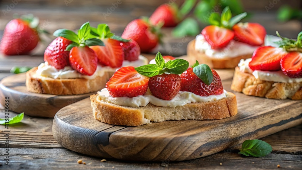 Delicious Strawberry and Cream Cheese Crostini on Wooden Board Delicious Strawberry and Cream Cheese Crostini on Wooden Board