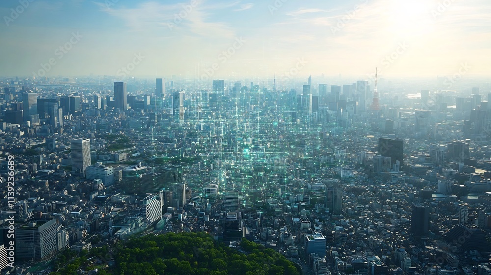 Futuristic Smart City Landscape with Digital Community Connections Futuristic Smart City Landscape with Digital Community Connections