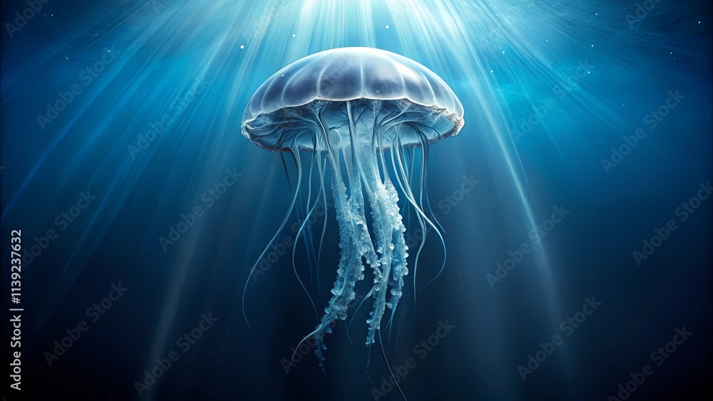A luminous jellyfish gracefully floats in the deep ocean's tranquil blue depths, illuminated by a sunbeam's ethereal glow. A luminous jellyfish gracefully floats in the deep ocean's tranquil blue depths, illuminated by a sunbeam's ethereal glow.