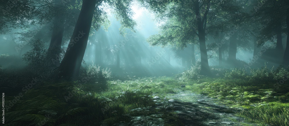 Obraz premium Sunbeams pierce misty forest path.