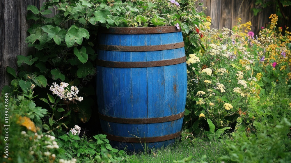 Rustic Blue Barrel in a Vibrant Flower Garden Rustic Blue Barrel in a Vibrant Flower Garden