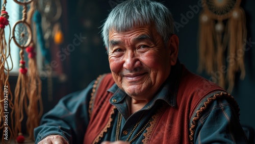 Elderly Artisan Creating Traditional Crafts in a Cozy Workshop Filled With Cultural Artifacts During Daylight Hours