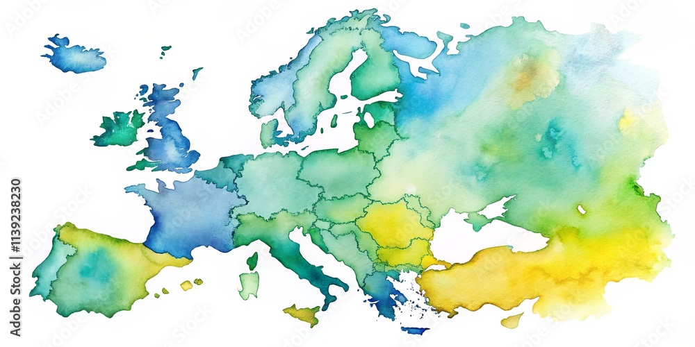 Obraz premium Abstract Watercolor Map of Continental Europe Showing Borders