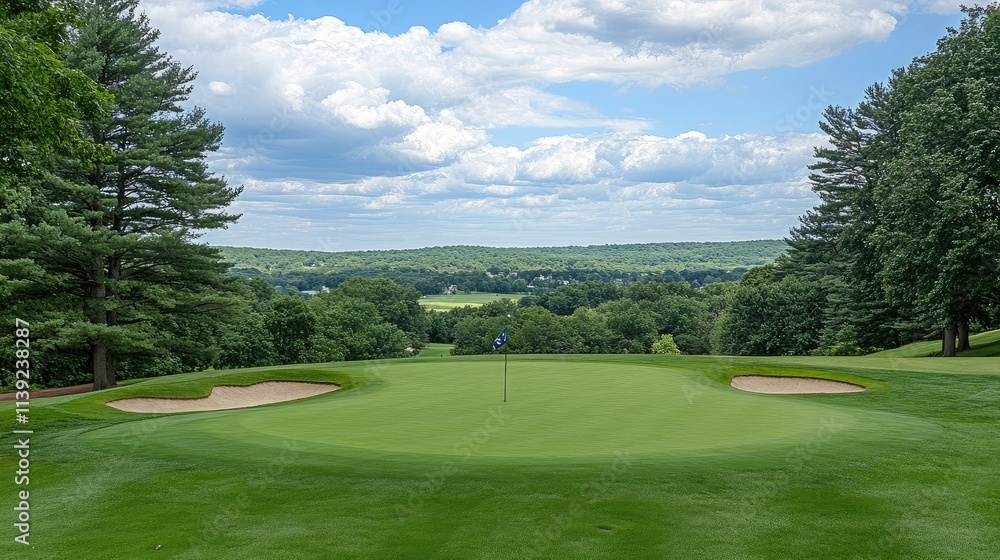 Scenic Golf Course Landscape with Blue Sky and Plush Green Fairways, Ideal for Golf Enthusiasts and Nature Lovers Captured on a Bright Sunny Day Scenic Golf Course Landscape with Blue Sky and Plush Green Fairways, Ideal for Golf Enthusiasts and Nature Lovers Captured on a Bright Sunny Day