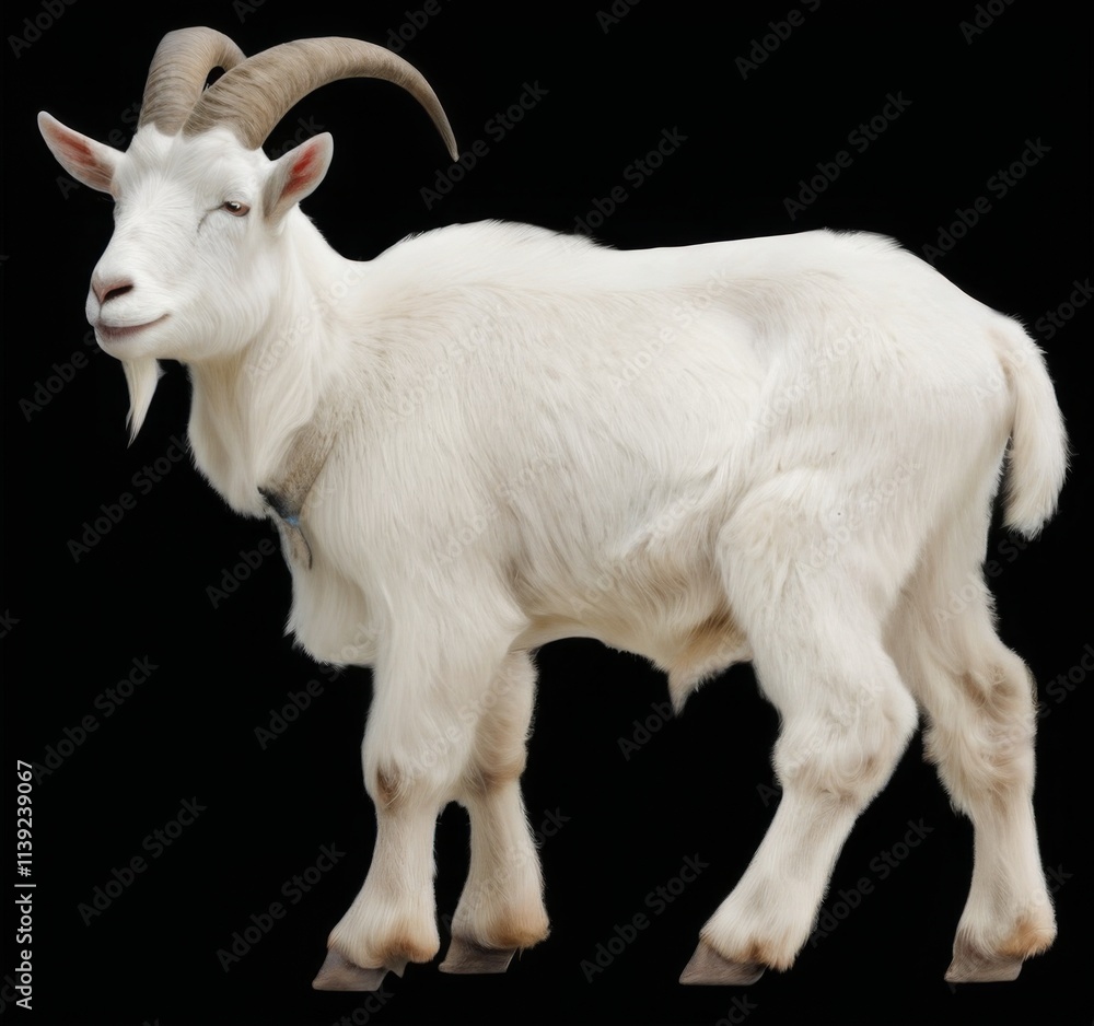 White Goat with Long Curved Horns in Digital Illustration on Black Background White Goat with Long Curved Horns in Digital Illustration on Black Background