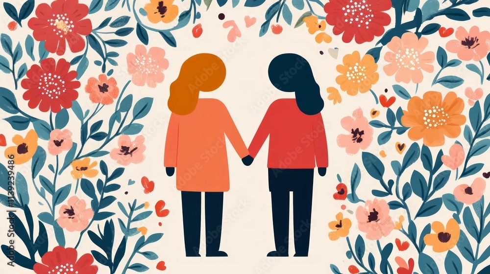 Two abstract figures holding hands surrounded by colorful floral elements, portraying love, friendship, and connection in a whimsical artistic style. Two abstract figures holding hands surrounded by colorful floral elements, portraying love, friendship, and connection in a whimsical artistic style.