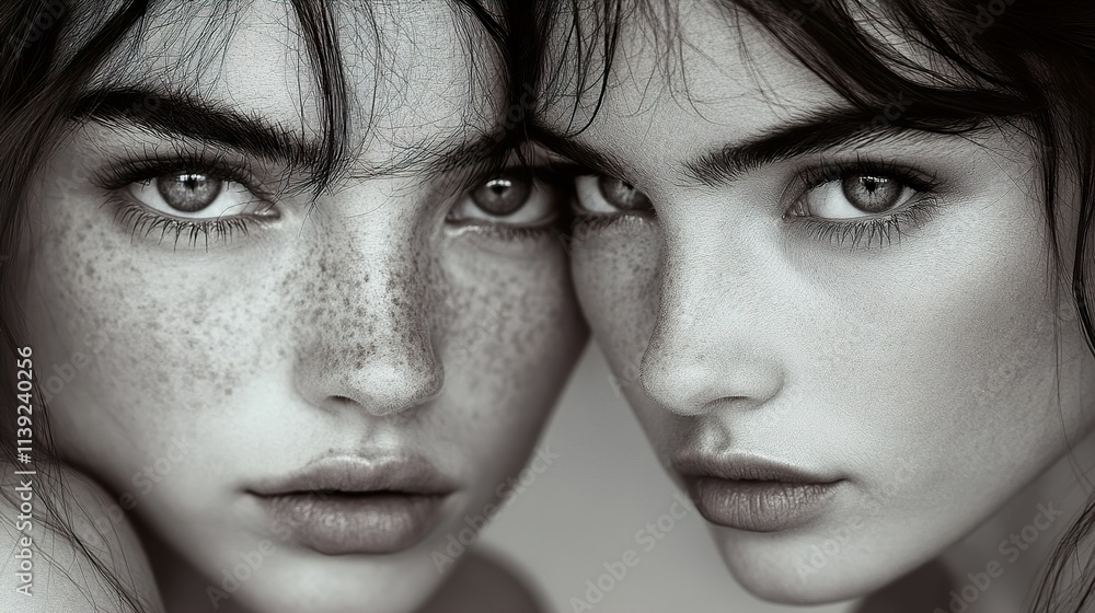 Monochrome Portrait of Two Freckled Women Monochrome Portrait of Two Freckled Women
