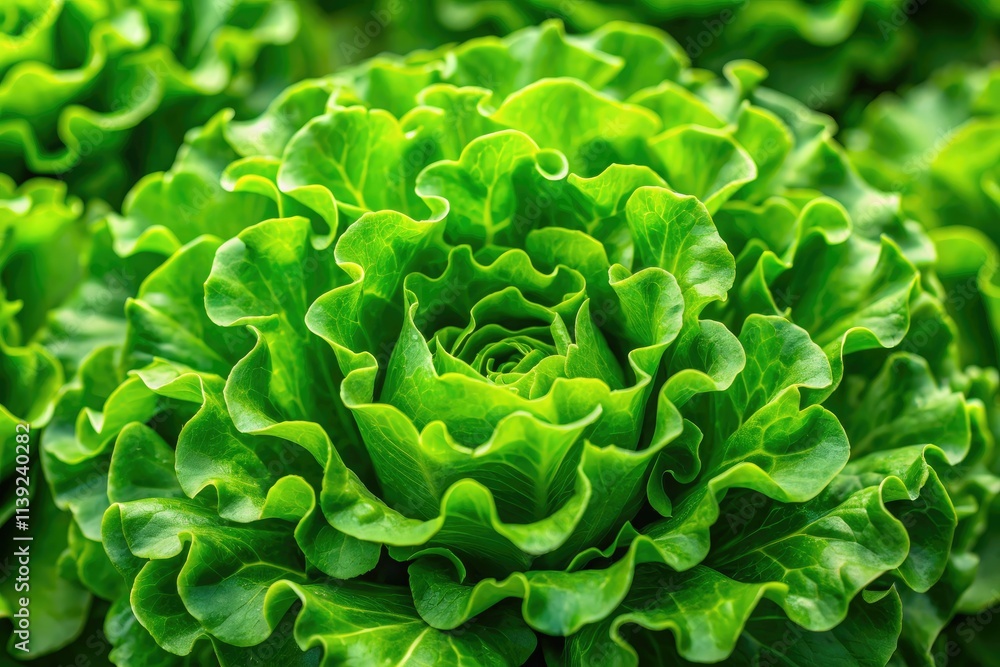 Fototapeta premium A vibrant, high-resolution image showcases a crisp green lettuce head, boasting exceptional depth of field and fresh produce detail.