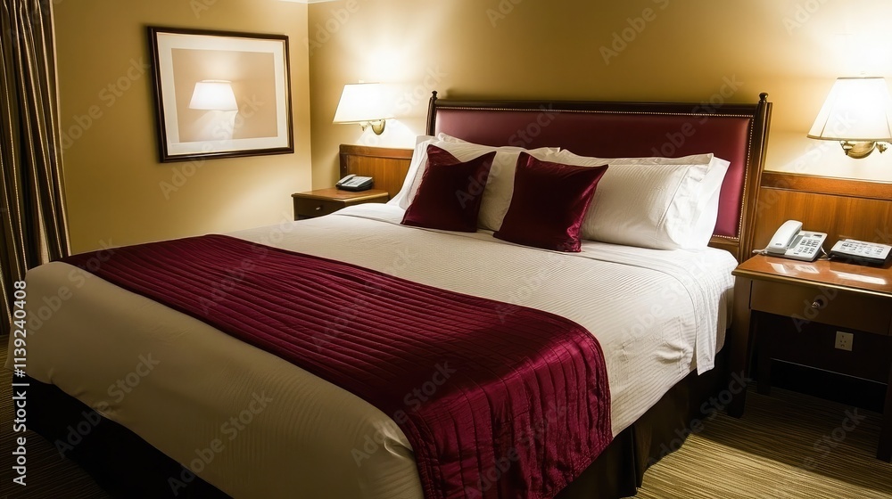Comfortable and Stylish Hotel Room with King-Size Bed, Modern Decor, Warm Lighting, and Cozy Atmosphere for Relaxation and Enjoyment Comfortable and Stylish Hotel Room with King-Size Bed, Modern Decor, Warm Lighting, and Cozy Atmosphere for Relaxation and Enjoyment