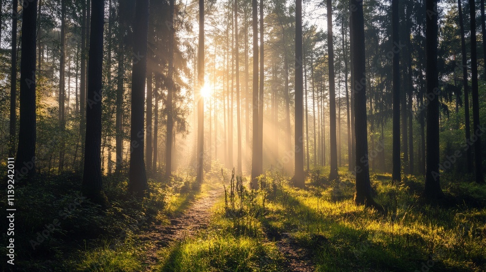 Fototapeta premium Sunlight streaming through the trees in a forest.
