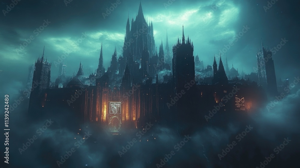 Fototapeta premium Imposing Dark Castle Above Clouds Night Sky