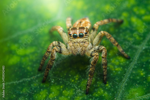 Jumping spider standing on green leaf in nature