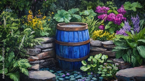 Serene Garden Oasis: Blue Barrel by a Pond photo