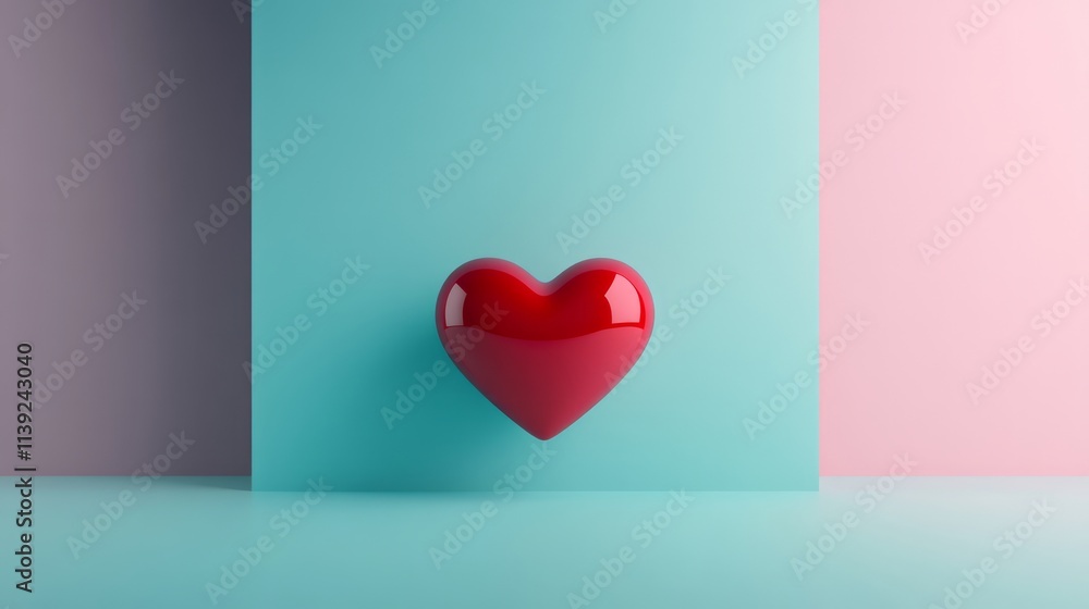 Glossy Red Heart Shape on Soft Color Background Ideal for Romantic Themes, Love Messages, or Valentine's Day Celebrations in Modern Design Aesthetic