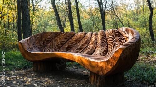 Intricately Carved Wooden Bench In Autumn Woods photo