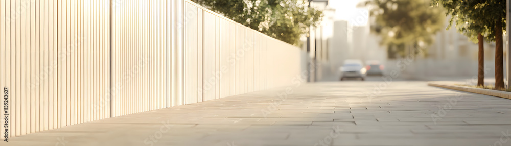 serene urban street with clean, white metal fence and soft sunlight serene urban street with clean, white metal fence and soft sunlight