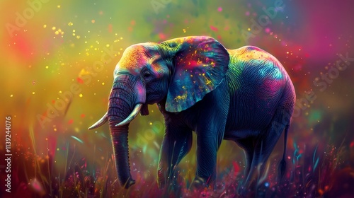 Abstract illustration of a colorful elephant with splatters of vibrant colors on its skin. photo