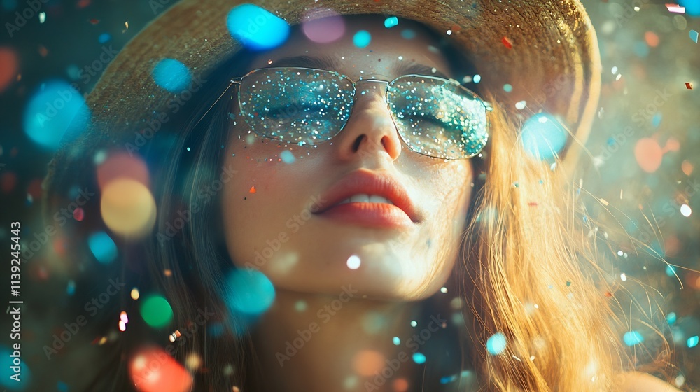 Joyful Woman in Sparkling Glasses and Hat Enjoying Colorful Confetti in Sunlight : Generative AI Joyful Woman in Sparkling Glasses and Hat Enjoying Colorful Confetti in Sunlight : Generative AI