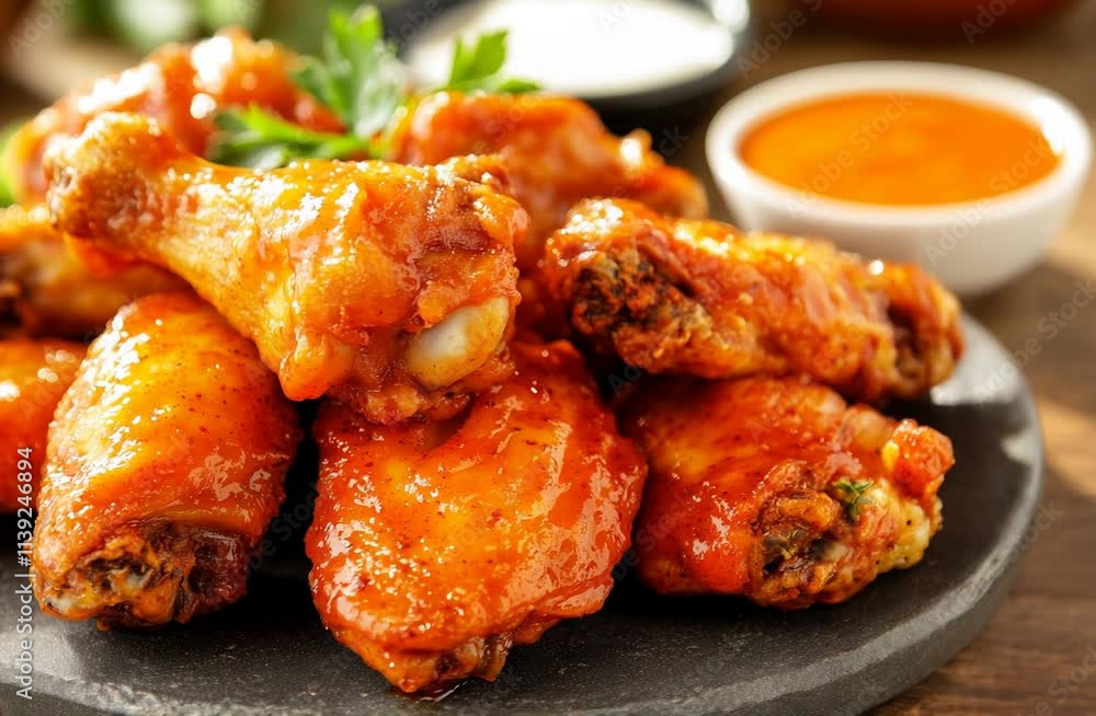 A delicious stack of crispy, saucy chicken wings garnished with parsley, served with dipping sauces on a rustic wooden surface. A delicious stack of crispy, saucy chicken wings garnished with parsley, served with dipping sauces on a rustic wooden surface.