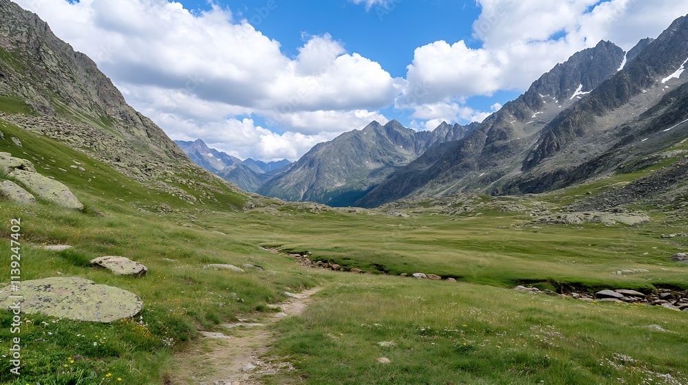 Expansive Mountain Valley with Clear Blue Sky and Lush Green Grass in National Park : Generative AI Expansive Mountain Valley with Clear Blue Sky and Lush Green Grass in National Park : Generative AI