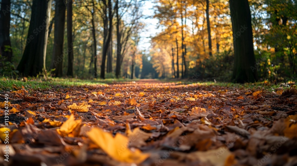 Low angle view of a path covered in autumn leaves in a forest Low angle view of a path covered in autumn leaves in a forest