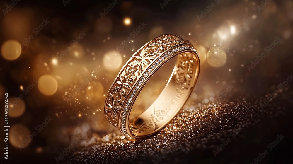 Stunning gold cuff bracelet with intricate patterns and details elegantly floating in the air against a warm glowing background with soft shadows that enhance its luxurious opulent appearance Stunning gold cuff bracelet with intricate patterns and details elegantly floating in the air against a warm glowing background with soft shadows that enhance its luxurious opulent appearance
