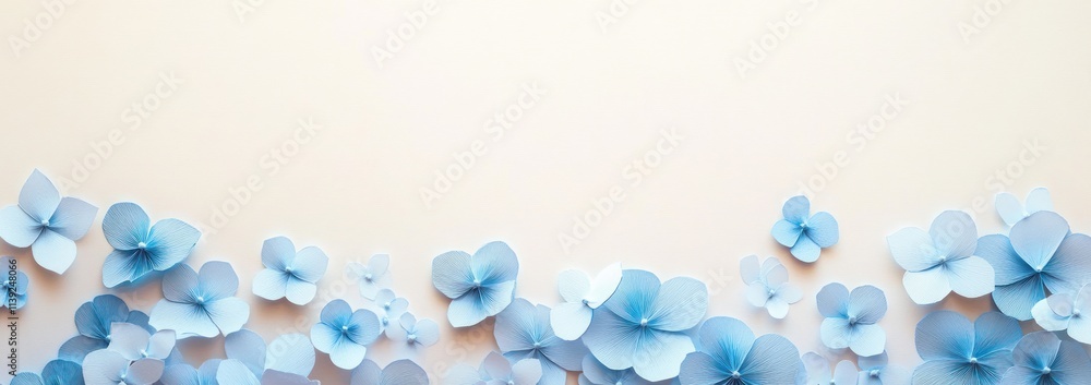 Blue paper hydrangeas on beige backdrop, top view. Blue paper hydrangeas on beige backdrop, top view.