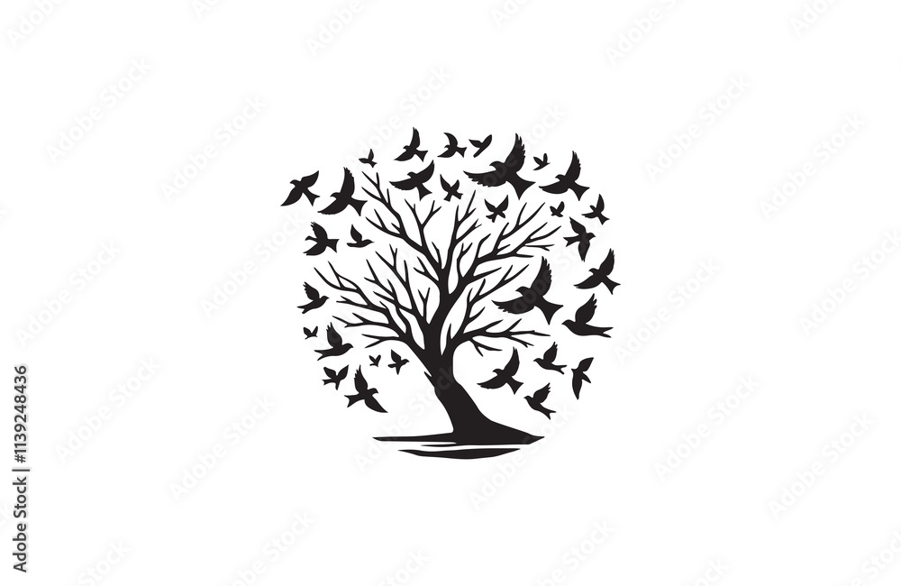 Obraz premium flying birds and tree silhouette vector line art logo design
