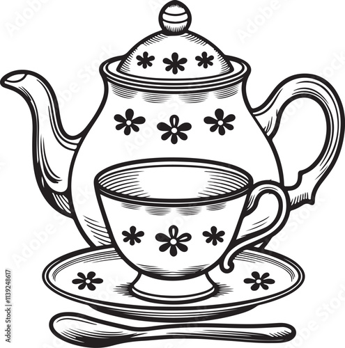 tea with cup line art vector illustration art white background - Generative AI