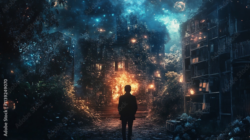 Mysterious Man Gazing at a Luminous Building in a Starry Night Fantasy World : Generative AI Mysterious Man Gazing at a Luminous Building in a Starry Night Fantasy World : Generative AI