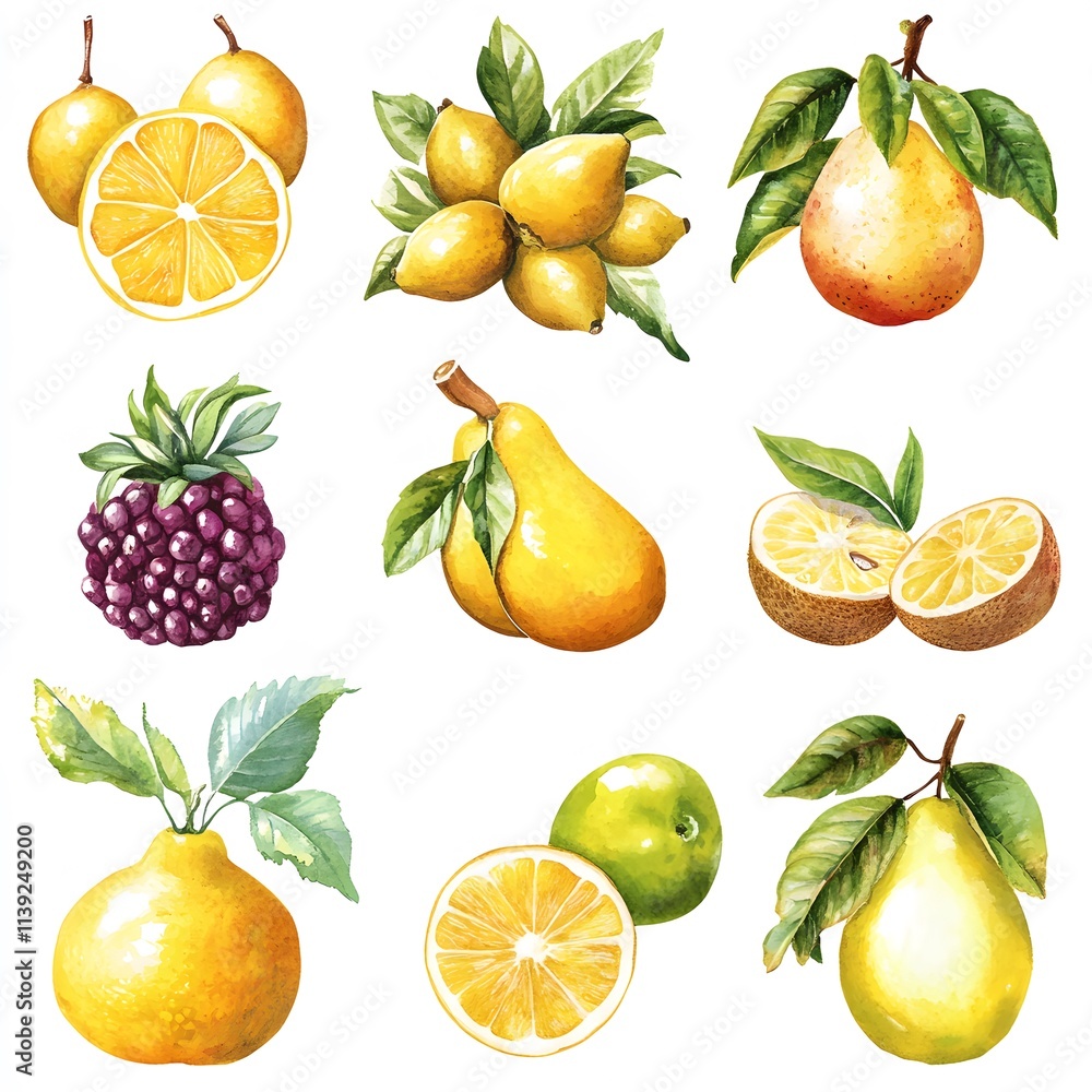 Obraz premium Watercolor clip art of Vibrant collection of hand-painted fruits including lemons, pears, and blackberries with green leaves.