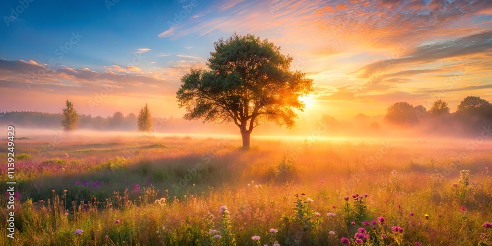 Obraz premium Serene sunrise illuminating a solitary tree in a misty field of wildflowers