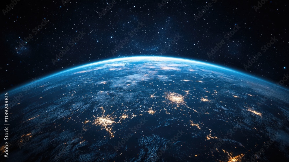 Fototapeta premium Earth at Night Viewed From Space Showing City Lights