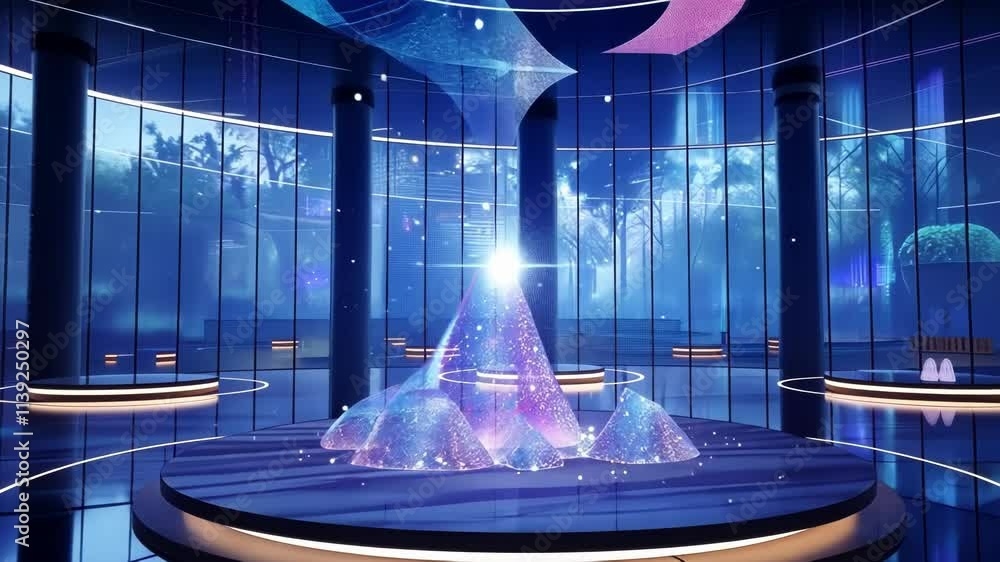 Holographic projections illuminate a futuristic interior design, creating an ethereal atmosphere enhanced by neon lights and glass architecture, showcasing innovative technology and design