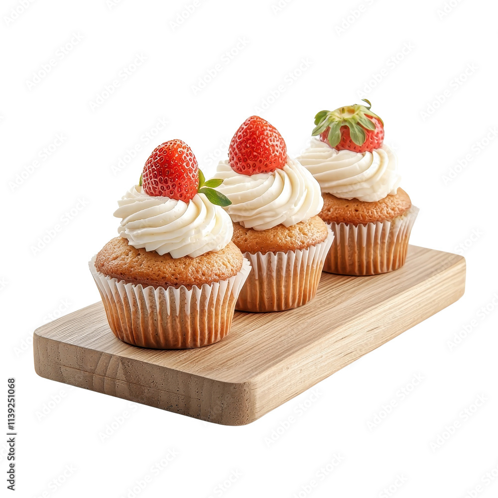 Strawberry cupcakes on a wooden tray, isolated on a white background, rustic and charming. cutout png Strawberry cupcakes on a wooden tray, isolated on a white background, rustic and charming. cutout png