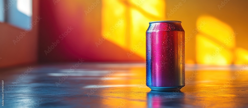 Single aluminum can on reflective surface with warm light. Single aluminum can on reflective surface with warm light.
