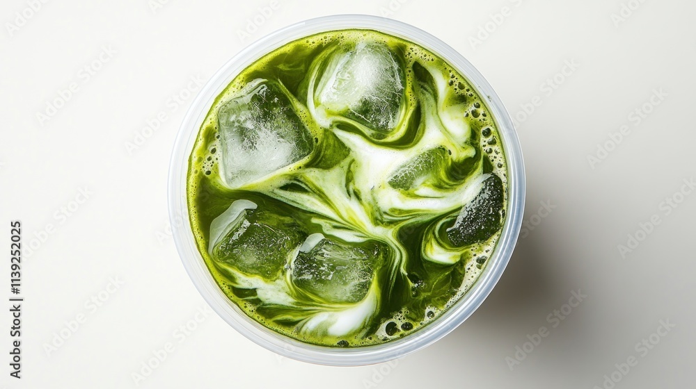 Iced matcha latte with ice cubes, close-up, overhead, on white background. Iced matcha latte with ice cubes, close-up, overhead, on white background.