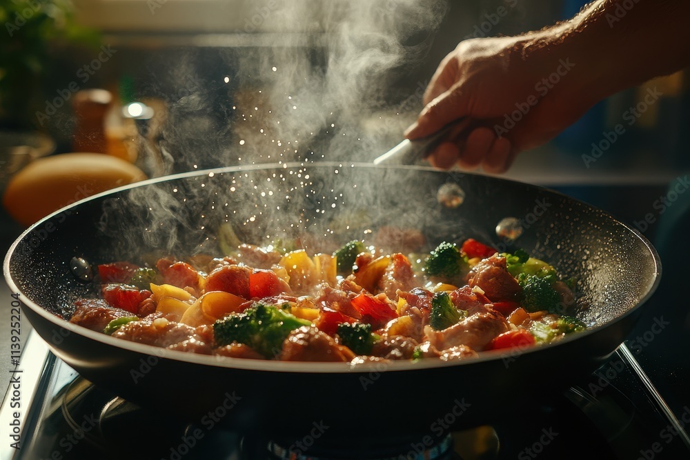 Steaming stir-fry in a black wok with meat and colorful vegetables. Perfect for blogs, recipe sites, or cooking articles. Steaming stir-fry in a black wok with meat and colorful vegetables. Perfect for blogs, recipe sites, or cooking articles.