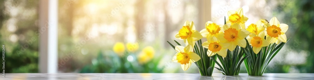 Yellow daffodils on marble surface against blurred nature. Yellow daffodils on marble surface against blurred nature.