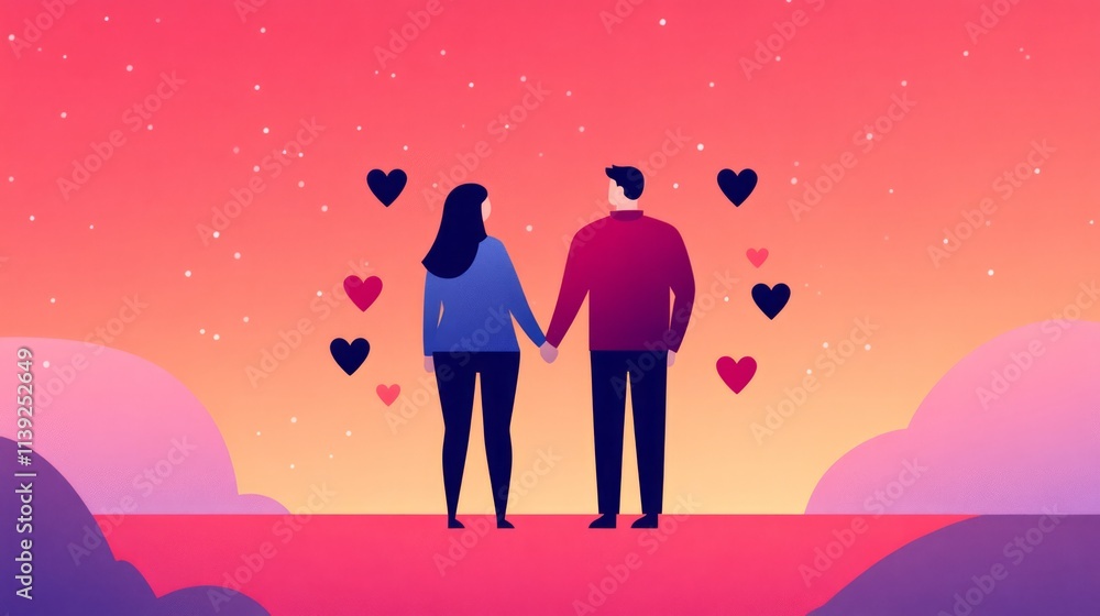 Obraz premium Romantic Couple Holding Hands Against a Colorful Sunset Background with Floating Hearts and Dreamy Clouds, Perfect for Love and Relationship Themes