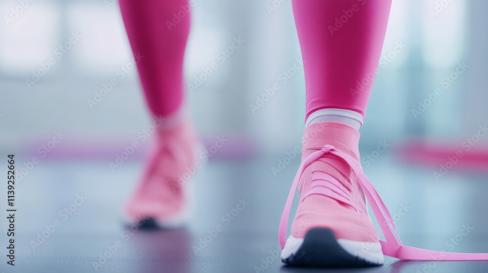 Close-Up View of Athlete's Feet in Bright Pink Sneakers Tying Shoelaces in a Modern Indoor Gym Setting with Soft Lighting and Vibrant Colors Close-Up View of Athlete's Feet in Bright Pink Sneakers Tying Shoelaces in a Modern Indoor Gym Setting with Soft Lighting and Vibrant Colors