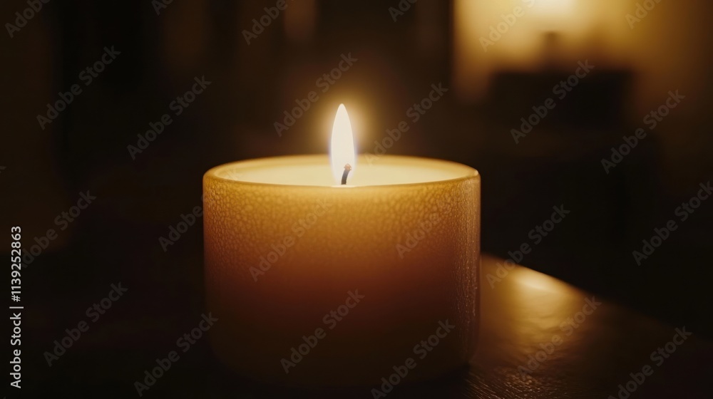 Lit yellow candle glowing in dark room. Lit yellow candle glowing in dark room.