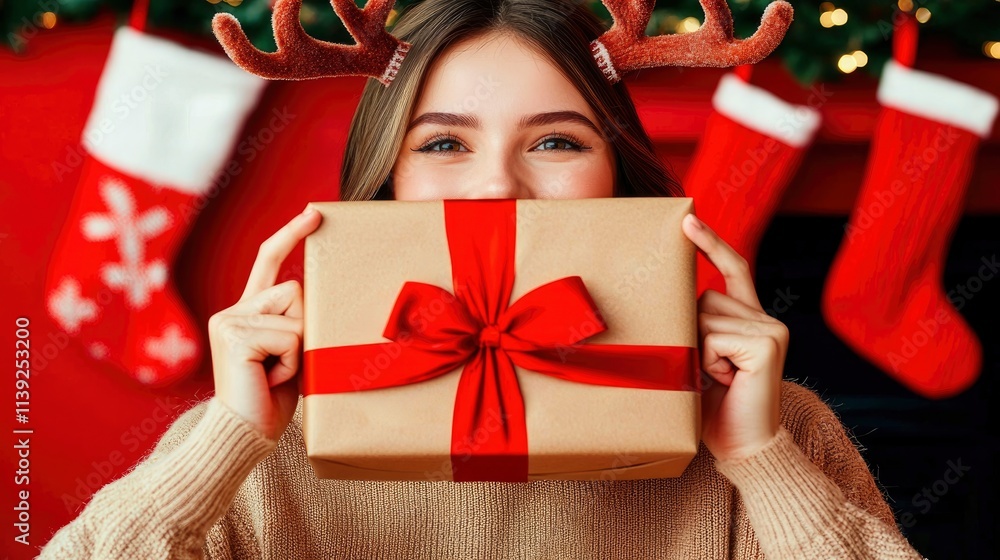 Happy Young Woman Hiding Face Behind Christmas Gift, Festive Holiday Season Happy Young Woman Hiding Face Behind Christmas Gift, Festive Holiday Season