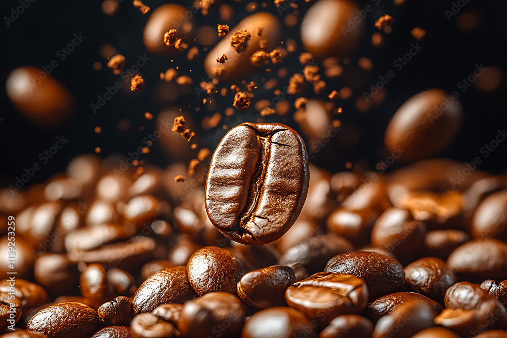 Close-up of coffee beans falling in mid-air against a dark background, capturing their rich texture and earthy tones. The dramatic lighting highlights the beans' natural details, creating a visually s Close-up of coffee beans falling in mid-air against a dark background, capturing their rich texture and earthy tones. The dramatic lighting highlights the beans' natural details, creating a visually s