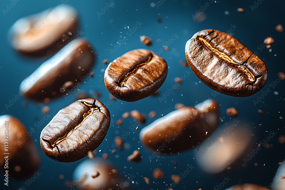 Close-up of coffee beans falling in mid-air against a dark background, capturing their rich texture and earthy tones. The dramatic lighting highlights the beans' natural details, creating a visually s Close-up of coffee beans falling in mid-air against a dark background, capturing their rich texture and earthy tones. The dramatic lighting highlights the beans' natural details, creating a visually s