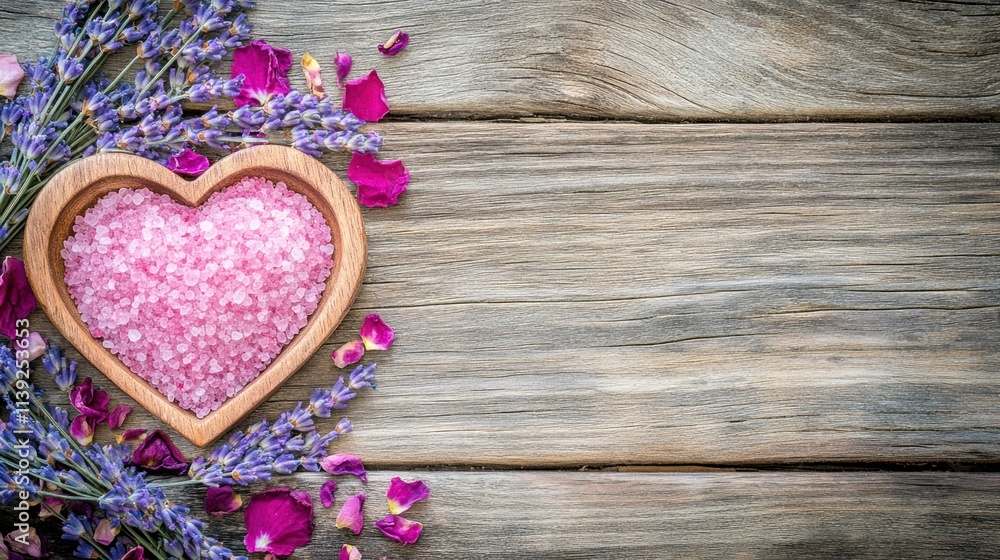 Pink bath salt in heart bowl with lavender and rose petals on rustic wood. Pink bath salt in heart bowl with lavender and rose petals on rustic wood.