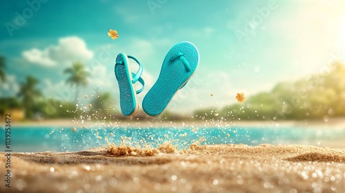 Pair of Vibrant Turquoise Flip Flops Suspended Mid Air Against a Backdrop of Warm Sand Tones and Oceanic Blue Evoking a Calming and Serene Beach Aesthetic photo